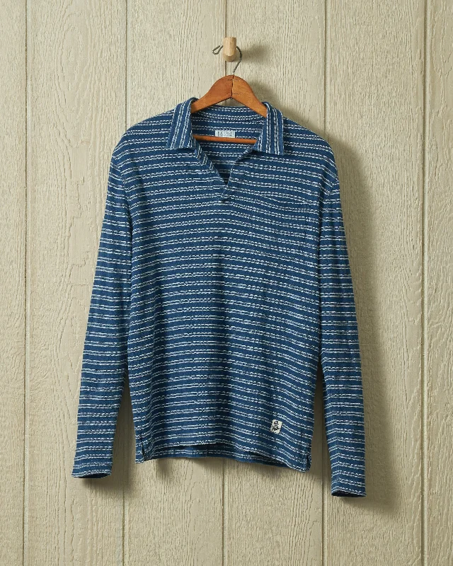 Men's high - collar polo shirts with a modern twistLong Sleeve Indigo Polo in Mid Wash Jacquard Stripe Men's high - collar polo shirts with a modern twistLong Sleeve Indigo Polo in Mid Wash Jacquard Stripe