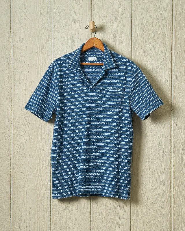 Men's jacquard woven polo shirts with intricate designsIndigo Polo in Mid Wash Jacquard Stripe Men's jacquard woven polo shirts with intricate designsIndigo Polo in Mid Wash Jacquard Stripe