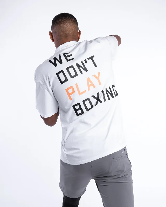 Men's short - sleeve linen t - shirts for summer beach outingsWe Don't Play Boxing Oversized T-Shirt - White Men's short - sleeve linen t - shirts for summer beach outingsWe Don't Play Boxing Oversized T-Shirt - White
