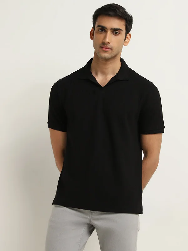 Men's high - collar polo shirts with a modern twistWES Casuals Black Knitted Relaxed-Fit Cotton Polo T-Shirt Men's high - collar polo shirts with a modern twistWES Casuals Black Knitted Relaxed-Fit Cotton Polo T-Shirt