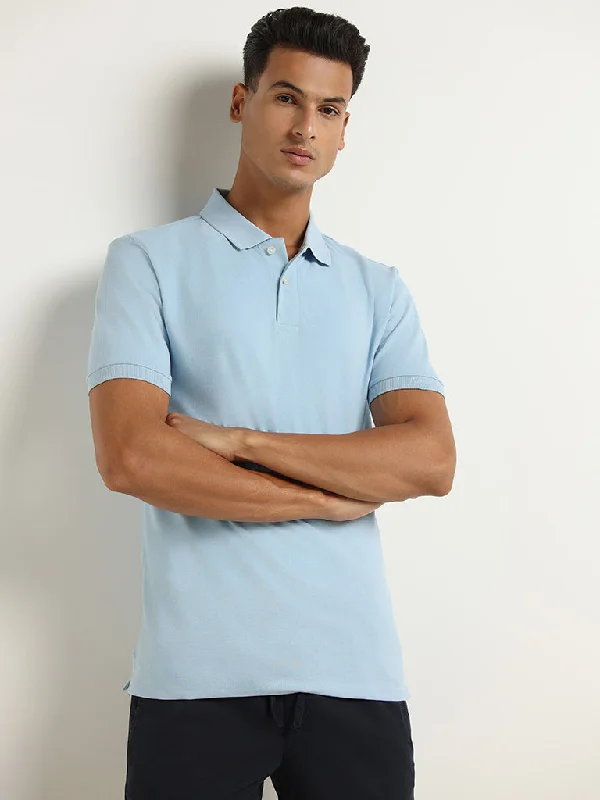 Men's jacquard woven polo shirts with intricate designsWES Casuals Blue Cotton Blend Slim Fit Polo T-Shirt Men's jacquard woven polo shirts with intricate designsWES Casuals Blue Cotton Blend Slim Fit Polo T-Shirt