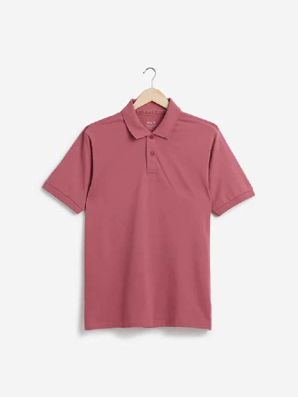 Men's ribbed cuffs and hem polo shirts for a textured lookWES Casuals Mauve Cotton Blend Relaxed-Fit Polo T-Shirt Men's ribbed cuffs and hem polo shirts for a textured lookWES Casuals Mauve Cotton Blend Relaxed-Fit Polo T-Shirt
