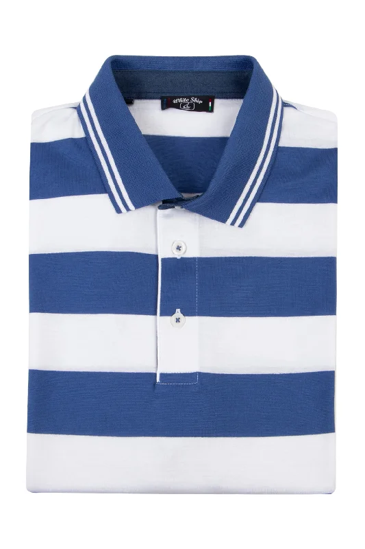 Men's button - down spread collar polo shirts for business casualWhite Ship Blue Bar Stripe Polo Men's button - down spread collar polo shirts for business casualWhite Ship Blue Bar Stripe Polo