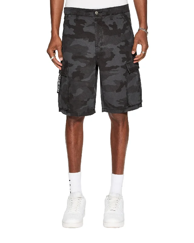 Men's flat - front chino shorts for semi - formal summer eventsFUGITIVE CARGO SHORT BLACK CAMO Men's flat - front chino shorts for semi - formal summer eventsFUGITIVE CARGO SHORT BLACK CAMO